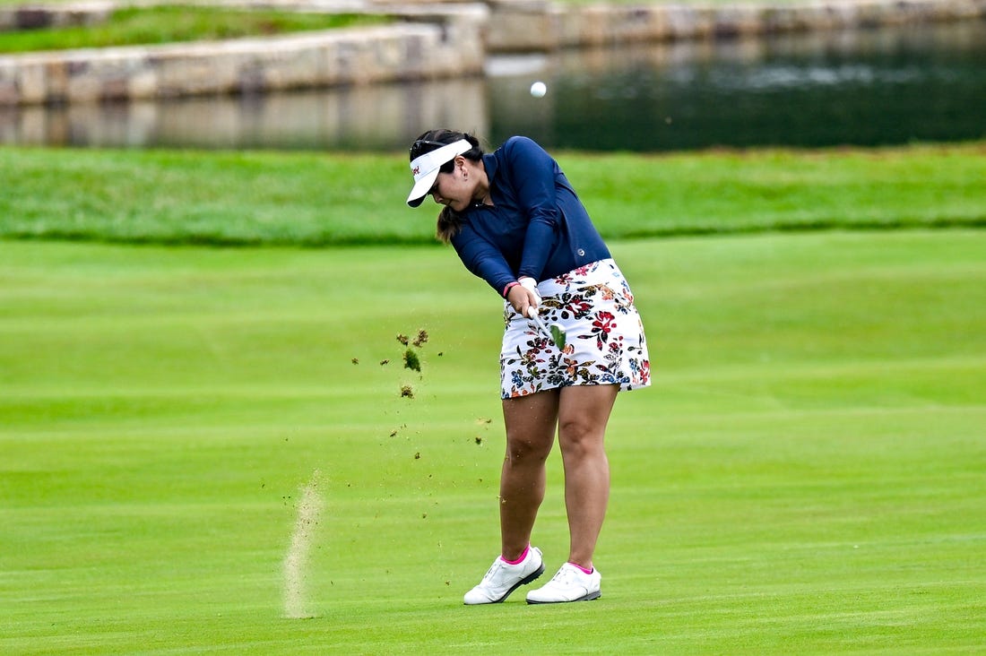 Jun 22, 2023; Springfield, New Jersey, USA; Lilia Vu plays a shot from the fairway on the 18th hole during the first round of the KPMG Women's PGA Championship golf tournament. Mandatory Credit: John Jones-USA TODAY Sports