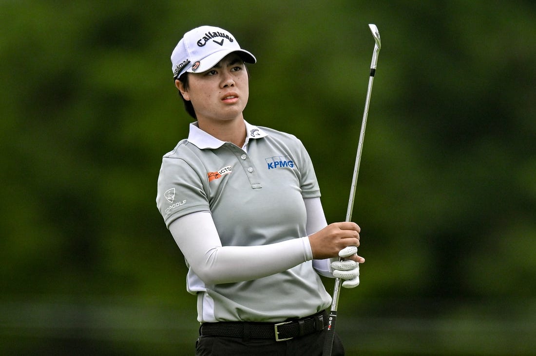 Jun 23, 2023; Springfield, New Jersey, USA; Yuka Saso tees off on the 4th hole during the second round of the KPMG Women's PGA Championship golf tournament. Mandatory Credit: John Jones-USA TODAY Sports