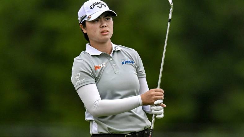 Jun 23, 2023; Springfield, New Jersey, USA; Yuka Saso tees off on the 4th hole during the second round of the KPMG Women's PGA Championship golf tournament. Mandatory Credit: John Jones-USA TODAY Sports