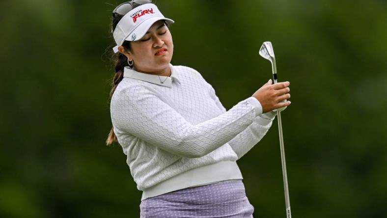 Jun 23, 2023; Springfield, New Jersey, USA; Lilia Vu reacts after playing a shot on the 4th hole during the second round of the KPMG Women's PGA Championship golf tournament. Mandatory Credit: John Jones-USA TODAY Sports