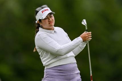 Jun 23, 2023; Springfield, New Jersey, USA; Lilia Vu reacts after playing a shot on the 4th hole during the second round of the KPMG Women's PGA Championship golf tournament. Mandatory Credit: John Jones-USA TODAY Sports