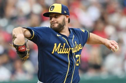 Jun 23, 2023; Cleveland, Ohio, USA; Milwaukee Brewers starting pitcher Wade Miley (20) throws a pitch during the first inning against the Cleveland Guardians at Progressive Field. Mandatory Credit: Ken Blaze-USA TODAY Sports