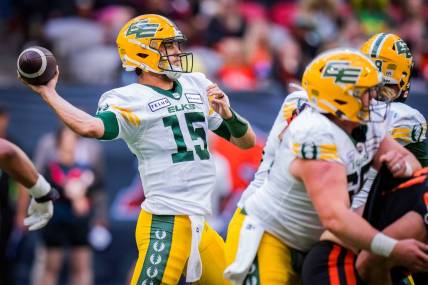 Jun 17, 2023; Vancouver, British Columbia, CAN; Edmonton Elks quarterback Taylor Cornelius (15) makes a pass against the BC Lions in the first half at BC Place. Mandatory Credit: Bob Frid-USA TODAY Sports