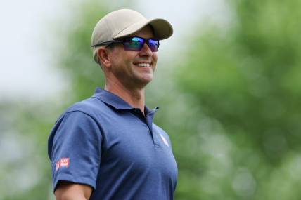 Jun 24, 2023; Cromwell, Connecticut, USA; Adam Scott on the first tee during the third round of the Travelers Championship golf tournament. Mandatory Credit: Vincent Carchietta-USA TODAY Sports