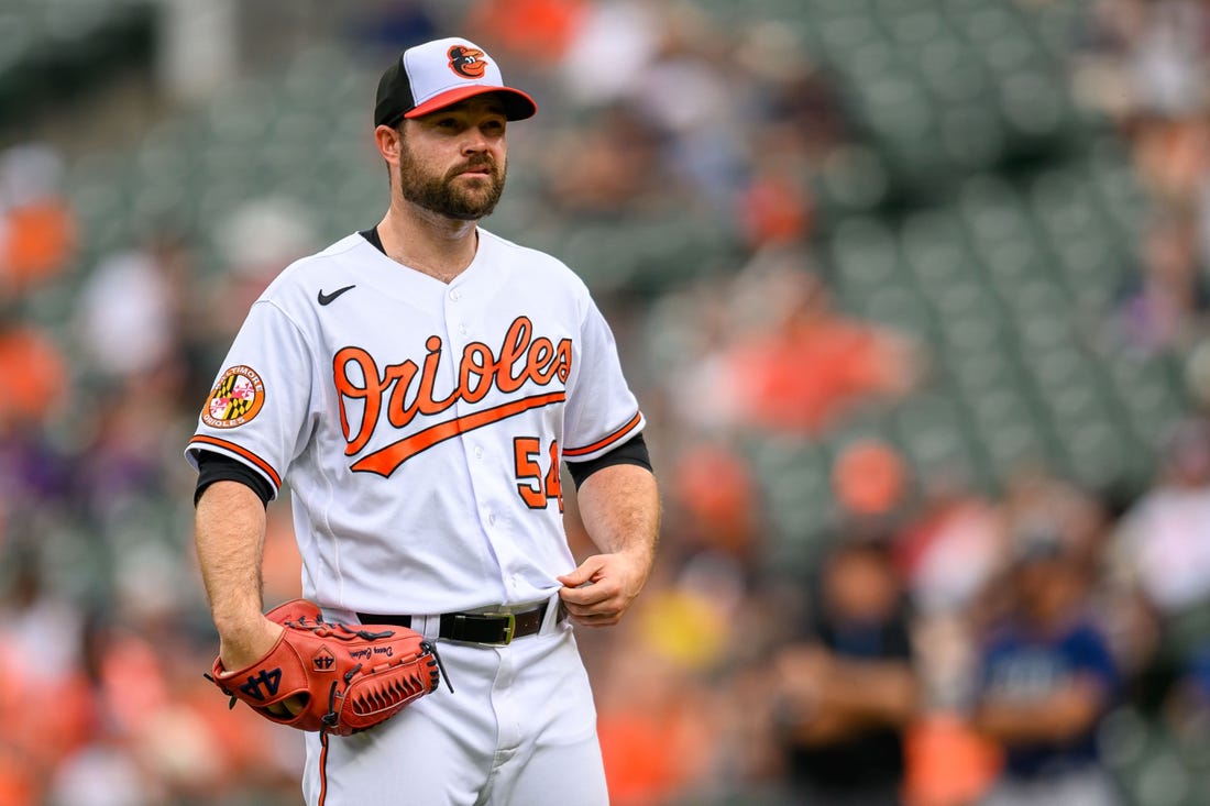 Jun 25, 2023; Baltimore, Maryland, USA; Baltimore Orioles relief pitcher Danny Coulombe (54) looks on during the eighth inning against the Seattle Mariners at Oriole Park at Camden Yards. Mandatory Credit: Reggie Hildred-USA TODAY Sports