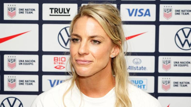 Jun 27, 2023; Carson, California, USA; USWNT forward Julie Ertz during Women's World Cup media day at Dignity Health Sports Park. Mandatory Credit: Kirby Lee-USA TODAY Sports