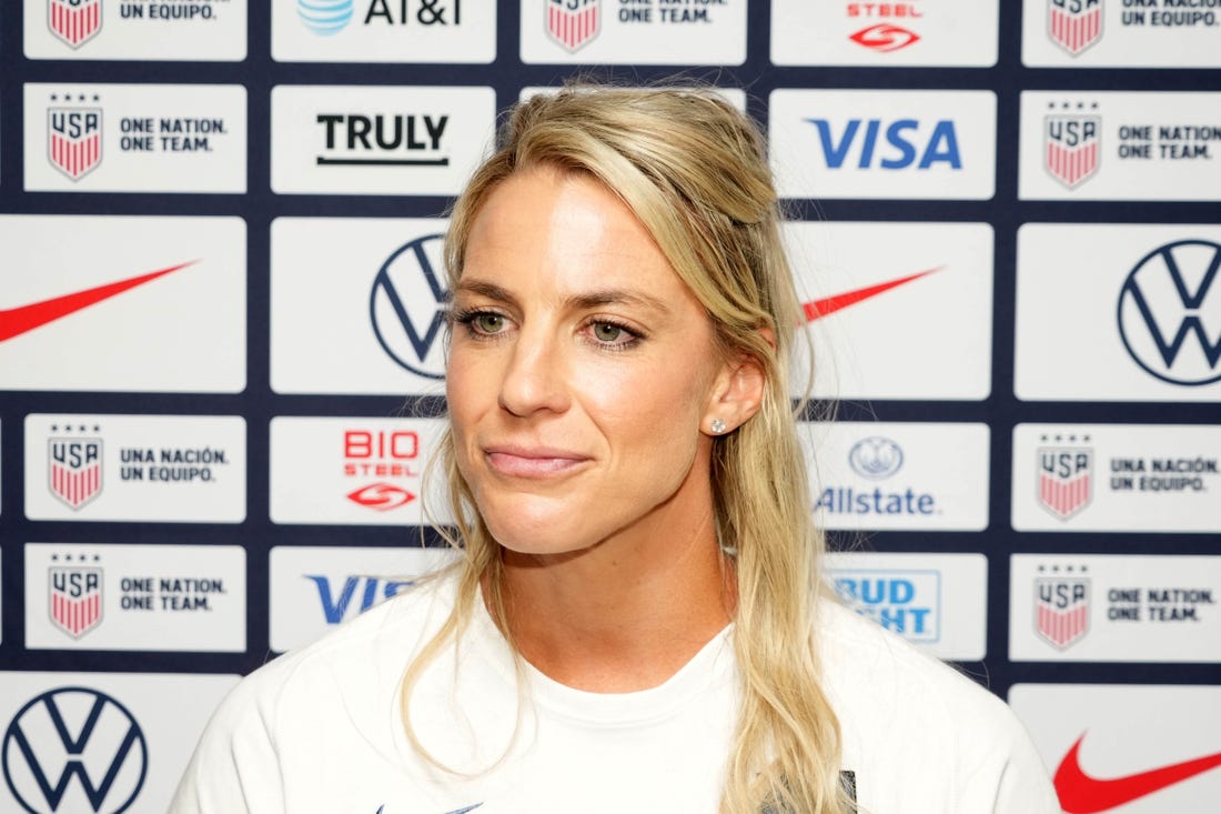 Jun 27, 2023; Carson, California, USA; USWNT forward Julie Ertz during Women's World Cup media day at Dignity Health Sports Park. Mandatory Credit: Kirby Lee-USA TODAY Sports