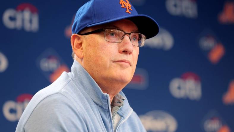 Jun 28, 2023; New York City, New York, USA; New York Mets owner Steve Cohen speaks to the media during a press conference before a game against the Milwaukee Brewers at Citi Field. Mandatory Credit: Brad Penner-USA TODAY Sports