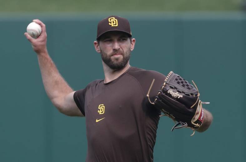 Jun 28, 2023; Pittsburgh, Pennsylvania, USA;  San Diego Padres pitcher Michael Wacha (52) throws in the outfield before the game against the Pittsburgh Pirates at PNC Park. Mandatory Credit: Charles LeClaire-USA TODAY Sports
