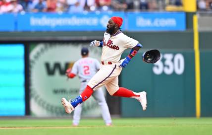 Jul 1, 2023; Philadelphia, Pennsylvania, USA; Philadelphia Phillies outfielder Josh Harrison (2) advances to second after hitting a double against the Washington Nationals in the fourth inning at Citizens Bank Park. Mandatory Credit: Kyle Ross-USA TODAY Sports