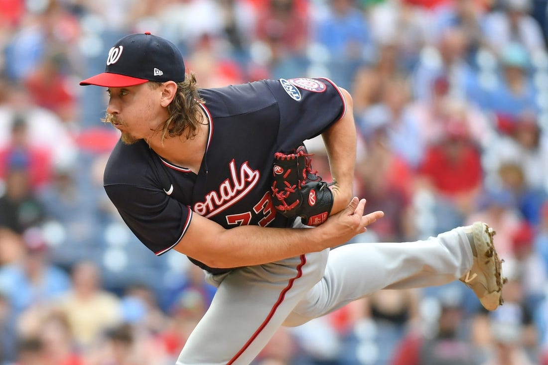 Jul 2, 2023; Philadelphia, Pennsylvania, USA; Washington Nationals relief pitcher Hunter Harvey (73) throws a pitch during the ninth inning against the Philadelphia Phillies at Citizens Bank Park. Mandatory Credit: Eric Hartline-USA TODAY Sports