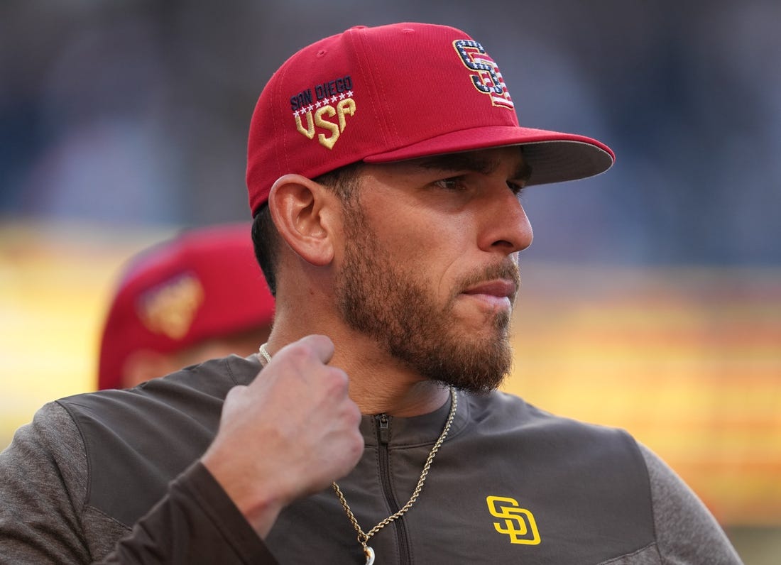 Jul 4, 2023; San Diego, California, USA;  San Diego Padres starting pitcher Joe Musgrove (44) after defeating the Los Angeles Angels at Petco Park. Mandatory Credit: Ray Acevedo-USA TODAY Sports