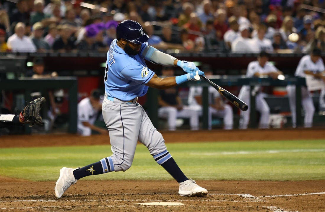 Jun 27, 2023; Phoenix, Arizona, USA; Tampa Bay Rays outfielder Manuel Margot against the Arizona Diamondbacks at Chase Field. Mandatory Credit: Mark J. Rebilas-USA TODAY Sports