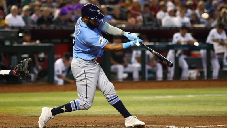 Jun 27, 2023; Phoenix, Arizona, USA; Tampa Bay Rays outfielder Manuel Margot against the Arizona Diamondbacks at Chase Field. Mandatory Credit: Mark J. Rebilas-USA TODAY Sports