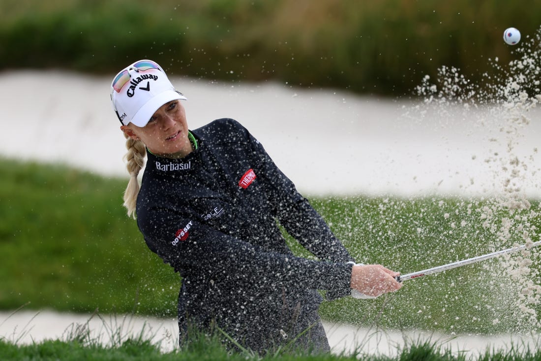 Jul 7, 2023; Pebble Beach, California, USA; Madelene Sagstrom hits out of a bunker on the seventeenth hole during the second round of the U.S. Women's Open golf tournament at Pebble Beach Golf Link. Mandatory Credit: Kiyoshi Mio-USA TODAY Sports