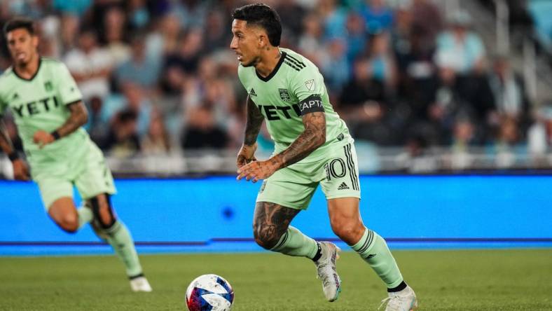 Jul 8, 2023; Saint Paul, Minnesota, USA; Austin FC forward Sebastian Driussi (10) dribbles during the second half against Minnesota United at Allianz Field. Mandatory Credit: Brace Hemmelgarn-USA TODAY Sports