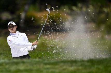 Jul 9, 2023; Pebble Beach, California, USA; Rose Zhang hits out of the bunker on the second hole during the final round of the U.S. Women's Open golf tournament at Pebble Beach Golf Links. Mandatory Credit: Kelvin Kuo-USA TODAY Sports