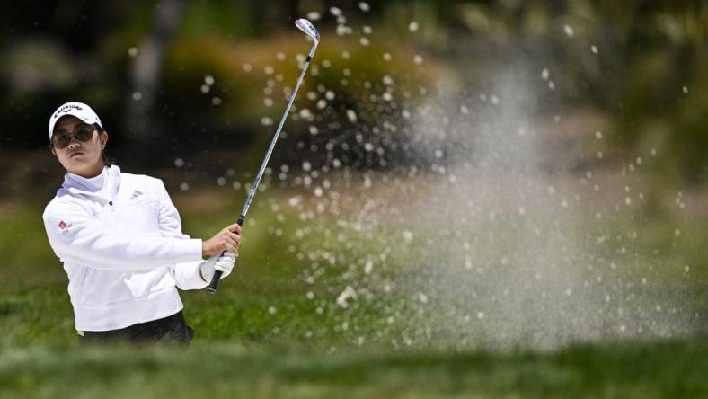 Jul 9, 2023; Pebble Beach, California, USA; Rose Zhang hits out of the bunker on the second hole during the final round of the U.S. Women's Open golf tournament at Pebble Beach Golf Links. Mandatory Credit: Kelvin Kuo-USA TODAY Sports