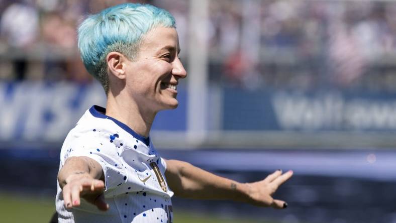 Jul 9, 2023; San Jose, California, USA;  United States of America forward Megan Rapinoe (15) enters the pitch during the send-off celebrations after the game against Wales PayPal Park. Mandatory Credit: John Hefti-USA TODAY Sports