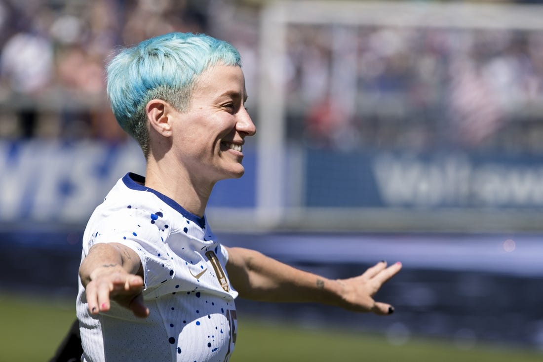 Jul 9, 2023; San Jose, California, USA;  United States of America forward Megan Rapinoe (15) enters the pitch during the send-off celebrations after the game against Wales PayPal Park. Mandatory Credit: John Hefti-USA TODAY Sports