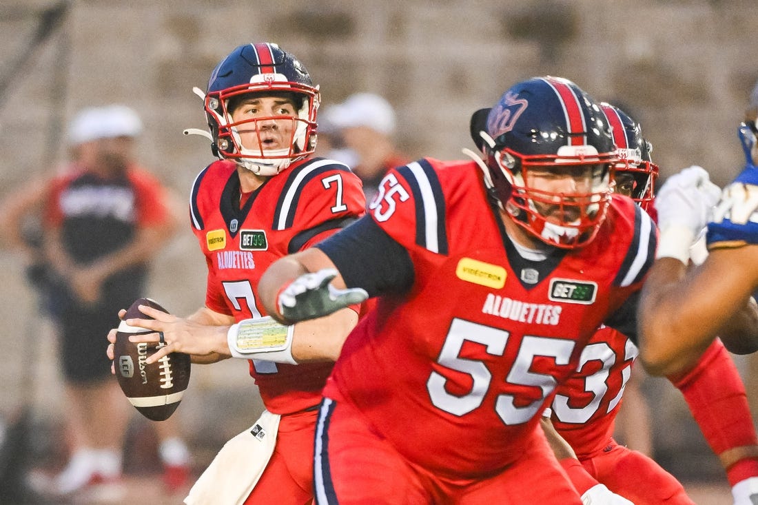 Jul 1, 2023; Montreal, Quebec, CAN; Montreal Alouettes quarterback Cody Fajardo (7) against the Winnipeg Blue Bombers during the first quarter at Percival Molson Memorial Stadium. Mandatory Credit: David Kirouac-USA TODAY Sports