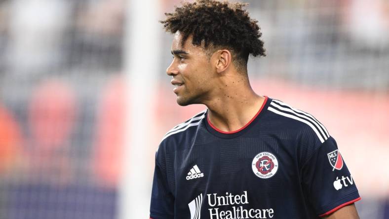 Jul 12, 2023; Foxborough, Massachusetts, USA; New England Revolution midfielder Brandon Bye (15) watches the action during the first half of a match against Atlanta United at Gillette Stadium. Mandatory Credit: Brian Fluharty-USA TODAY Sports