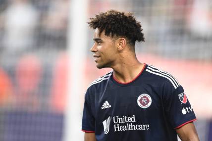 Jul 12, 2023; Foxborough, Massachusetts, USA; New England Revolution midfielder Brandon Bye (15) watches the action during the first half of a match against Atlanta United at Gillette Stadium. Mandatory Credit: Brian Fluharty-USA TODAY Sports