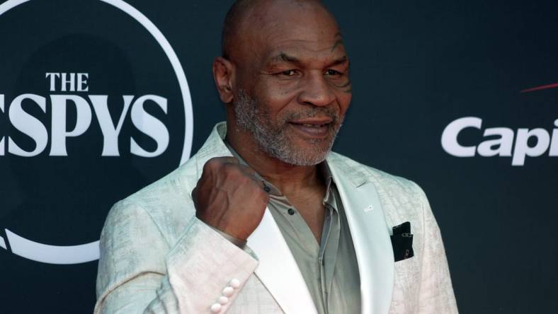 Jul 12, 2023; Los Angeles, CA, USA; Mike Tyson arrives on the red carpet before the 2023 ESPYS at the Dolby Theatre. Mandatory Credit: Kirby Lee-USA TODAY Sports