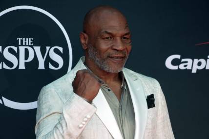 Jul 12, 2023; Los Angeles, CA, USA; Mike Tyson arrives on the red carpet before the 2023 ESPYS at the Dolby Theatre. Mandatory Credit: Kirby Lee-USA TODAY Sports