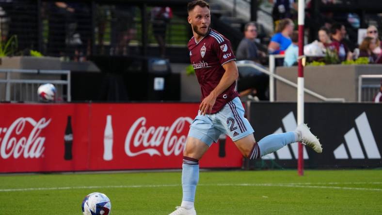 Jul 12, 2023; Commerce City, Colorado, USA; Colorado Rapids midfielder Bryan Acosta (21) in action during the second half against the Portland Timbers at Dick's Sporting Goods Park. Mandatory Credit: Ron Chenoy-USA TODAY Sports