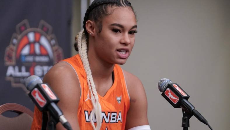 Jul 15, 2023; Las Vegas, NV, USA; Team Stewart frontcourt Satou Sabally (0) answers questions during a press conference prior to the 2023 WNBA All-Star Game at Michelob Ultra Arena. Mandatory Credit: Lucas Peltier-USA TODAY Sports