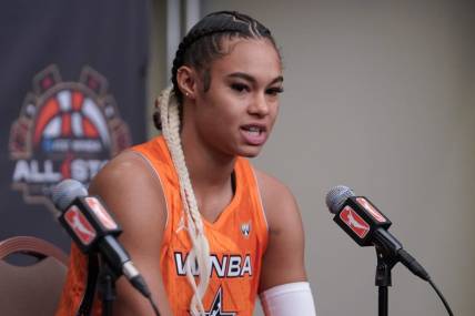 Jul 15, 2023; Las Vegas, NV, USA; Team Stewart frontcourt Satou Sabally (0) answers questions during a press conference prior to the 2023 WNBA All-Star Game at Michelob Ultra Arena. Mandatory Credit: Lucas Peltier-USA TODAY Sports