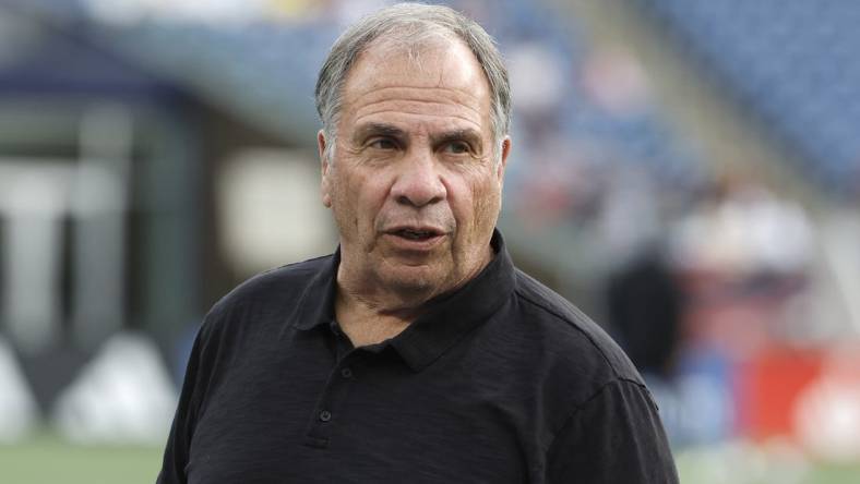 Jul 15, 2023; Foxborough, Massachusetts, USA; New England Revolution head coach Bruce Arena before their game against the D.C. United at Gillette Stadium. Mandatory Credit: Winslow Townson-USA TODAY Sports