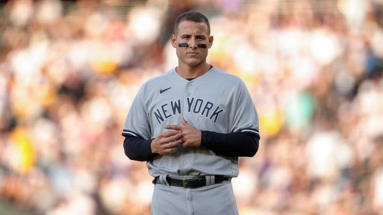 Jul 15, 2023; Denver, Colorado, USA; New York Yankees first baseman Anthony Rizzo (48) in the middle of the fourth inning against the Colorado Rockies at Coors Field. Mandatory Credit: Isaiah J. Downing-USA TODAY Sports