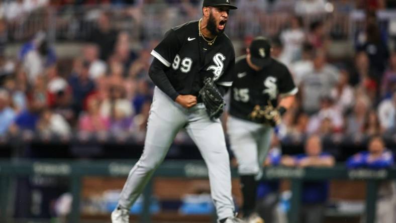 Jul 15, 2023; Atlanta, Georgia, USA; Chicago White Sox relief pitcher Keynan Middleton (99) reacts after an out against the Atlanta Braves in the eighth inning at Truist Park. Mandatory Credit: Brett Davis-USA TODAY Sports