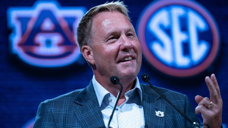 Auburn Head Coach Hugh Freeze speaks at the 2023 SEC Football Kickoff Media Days at the Nashville Grand Hyatt on Broadway, Tuesday, July 18, 2023.