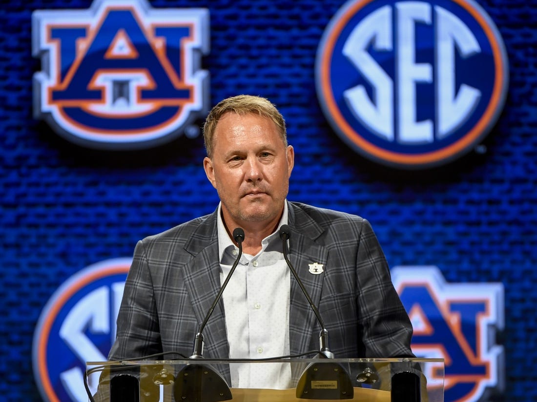 Jul 18, 2023; Nashville, TN, USA;  Auburn Tigers head coach Hugh Freeze speaks with the media during SEC Media Days at Grand Hyatt. Mandatory Credit: Steve Roberts-USA TODAY Sports