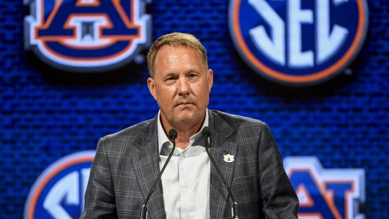 Jul 18, 2023; Nashville, TN, USA;  Auburn Tigers head coach Hugh Freeze speaks with the media during SEC Media Days at Grand Hyatt. Mandatory Credit: Steve Roberts-USA TODAY Sports