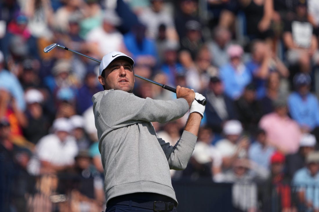 July 20, 2023; Hoylake, ENGLAND, GBR; Scottie Scheffler plays his shot from the fourth tee during the first round of The Open Championship golf tournament at Royal Liverpool. Mandatory Credit: Kyle Terada-USA TODAY Sports