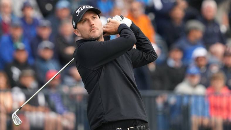 July 20, 2023; Hoylake, ENGLAND, GBR; Russell Henley plays his shot from the fourth tee during the first round of The Open Championship golf tournament at Royal Liverpool. Mandatory Credit: Kyle Terada-USA TODAY Sports