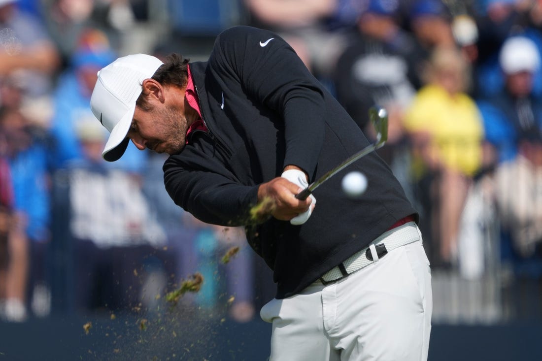 July 20, 2023; Hoylake, ENGLAND, GBR; Brooks Koepka (LIV player) plays his shot from the fourth tee during the first round of The Open Championship golf tournament at Royal Liverpool. Mandatory Credit: Kyle Terada-USA TODAY Sports