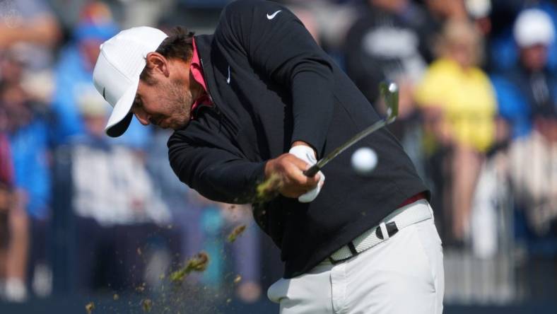 July 20, 2023; Hoylake, ENGLAND, GBR; Brooks Koepka (LIV player) plays his shot from the fourth tee during the first round of The Open Championship golf tournament at Royal Liverpool. Mandatory Credit: Kyle Terada-USA TODAY Sports