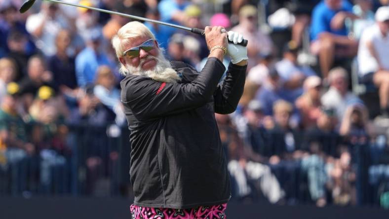 July 20, 2023; Hoylake, England, GBR; John Daly plays his shot from the fourth tee during the first round of The Open Championship golf tournament at Royal Liverpool. Mandatory Credit: Kyle Terada-USA TODAY Sports