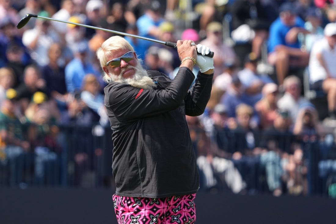 July 20, 2023; Hoylake, England, GBR; John Daly plays his shot from the fourth tee during the first round of The Open Championship golf tournament at Royal Liverpool. Mandatory Credit: Kyle Terada-USA TODAY Sports