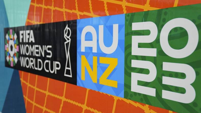 Jul 21, 2023; Auckland, NZL; A 2023 FIFA Women's World Cup logo is seen outside a fan festival. Mandatory Credit: Jenna Watson-USA TODAY Sports