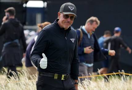 July 21, 2023; Hoylake, ENGLAND, GBR; Phil Mickelson (LIV player) on the first hole during the second round of The Open Championship golf tournament at Royal Liverpool. Mandatory Credit: Kyle Terada-USA TODAY Sports