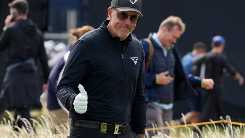 July 21, 2023; Hoylake, ENGLAND, GBR; Phil Mickelson (LIV player) on the first hole during the second round of The Open Championship golf tournament at Royal Liverpool. Mandatory Credit: Kyle Terada-USA TODAY Sports