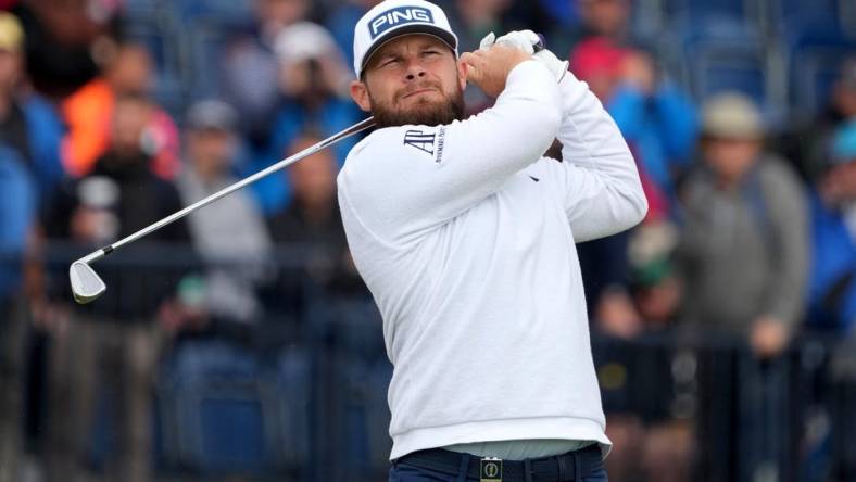 July 21, 2023; Hoylake, ENGLAND, GBR; Tyrrell Hatton plays on the fourth hole during the second round of The Open Championship golf tournament at Royal Liverpool. Mandatory Credit: Kyle Terada-USA TODAY Sports