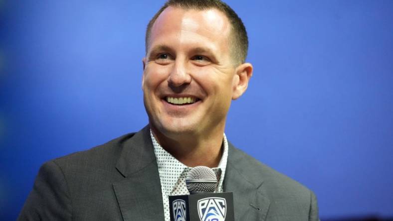 Jul 21, 2023; Las Vegas, NV, USA; Washington State Cougars coach Jake Dickert speaks during Pac-12 Media Day at Resorts World Las Vegas. tMandatory Credit: Kirby Lee-USA TODAY Sports