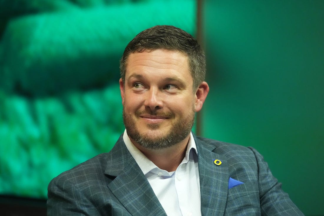 Jul 21, 2023; Las Vegas, NV, USA; Oregon Ducks coach Dan Lanning during Pac-12 Media Day at Resorts World Las Vegas. tMandatory Credit: Kirby Lee-USA TODAY Sports